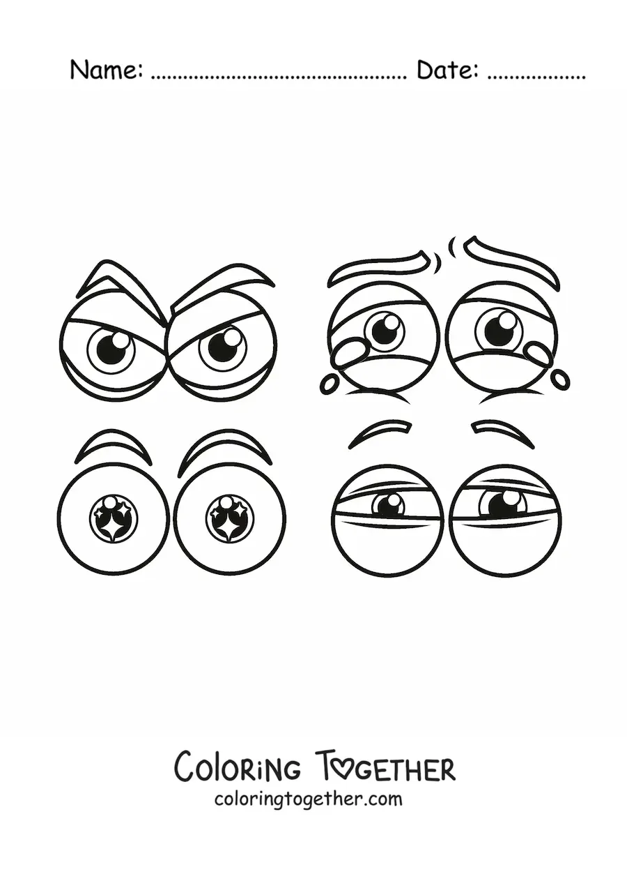Coloring page of 4 pairs of cartoon eyes expressing different emotions