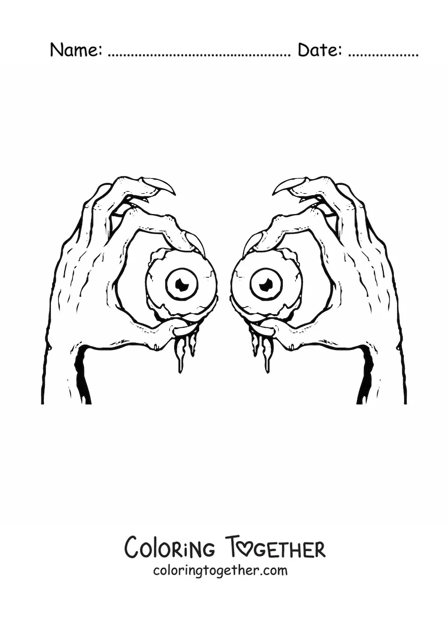 Coloring page of 2 spooky hands holding eyeballs
