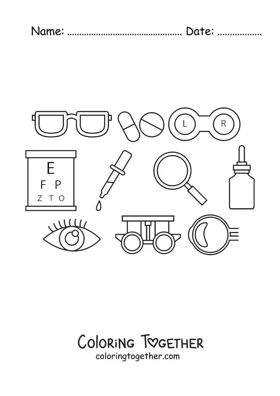 Coloring page of different ophthalmology elements