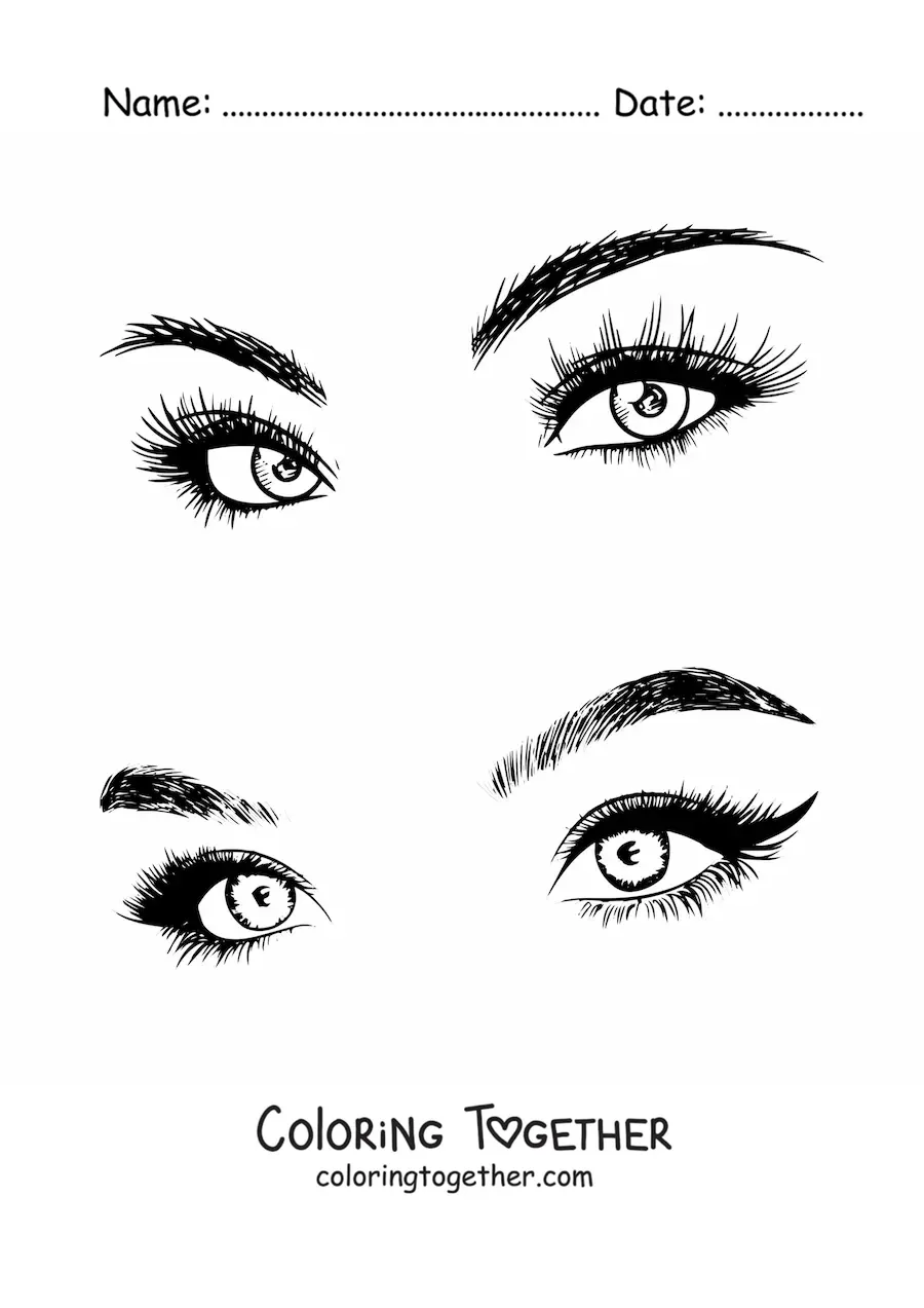 Coloring page of 2 pairs of pretty feminine eyes