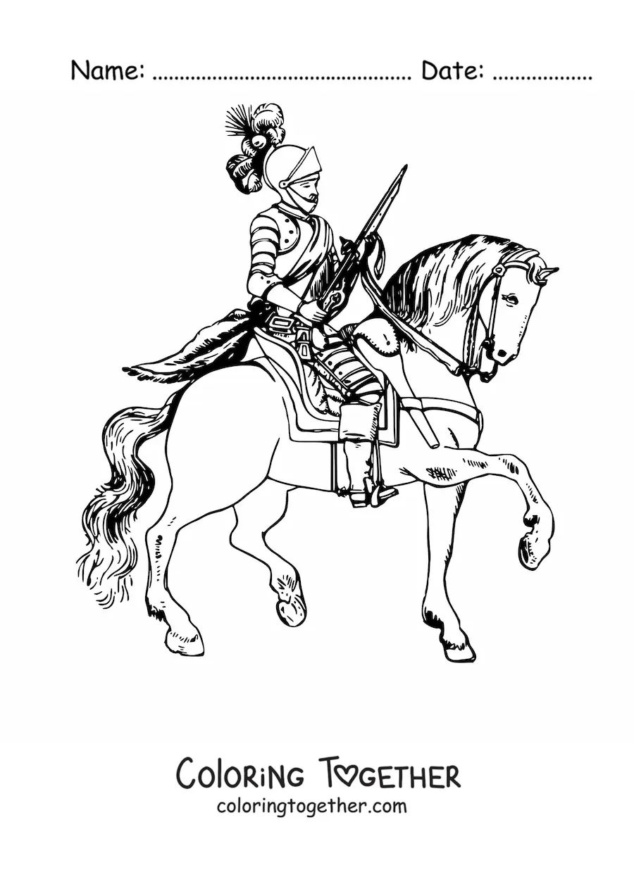 Coloring page of a knight in armor riding a horse
