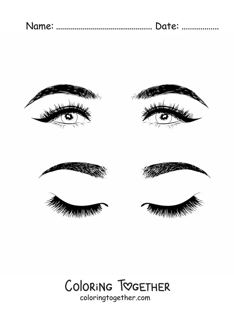 Coloring page of two pairs of realistic women's eyes and eyebrows with beautiful makeup