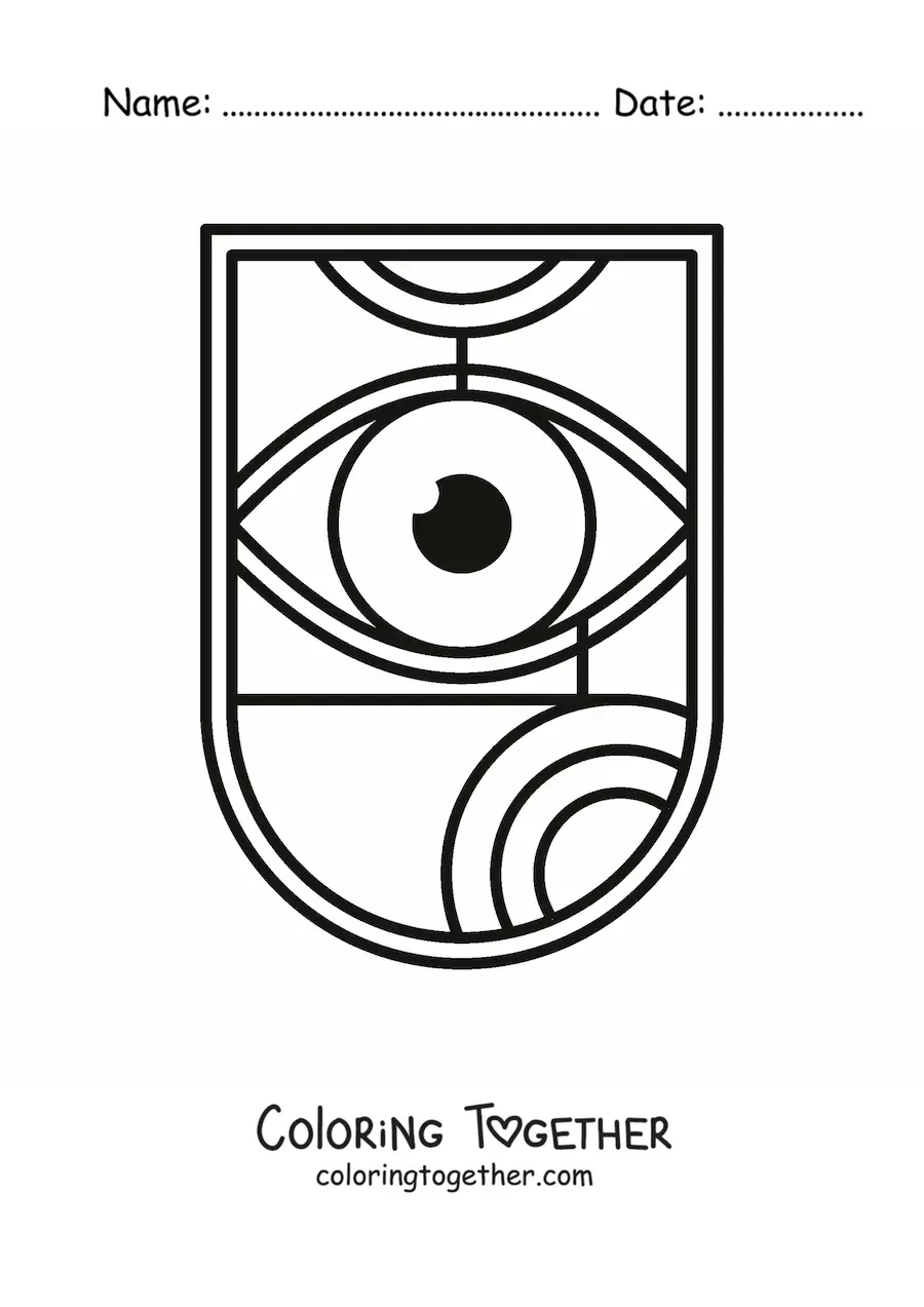 Coloring page of a shield with an eye and geometric shapes