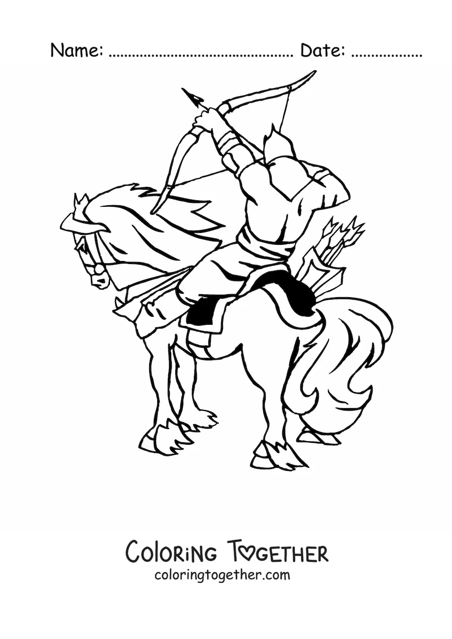 Coloring page of an archer on a horse shooting an arrow