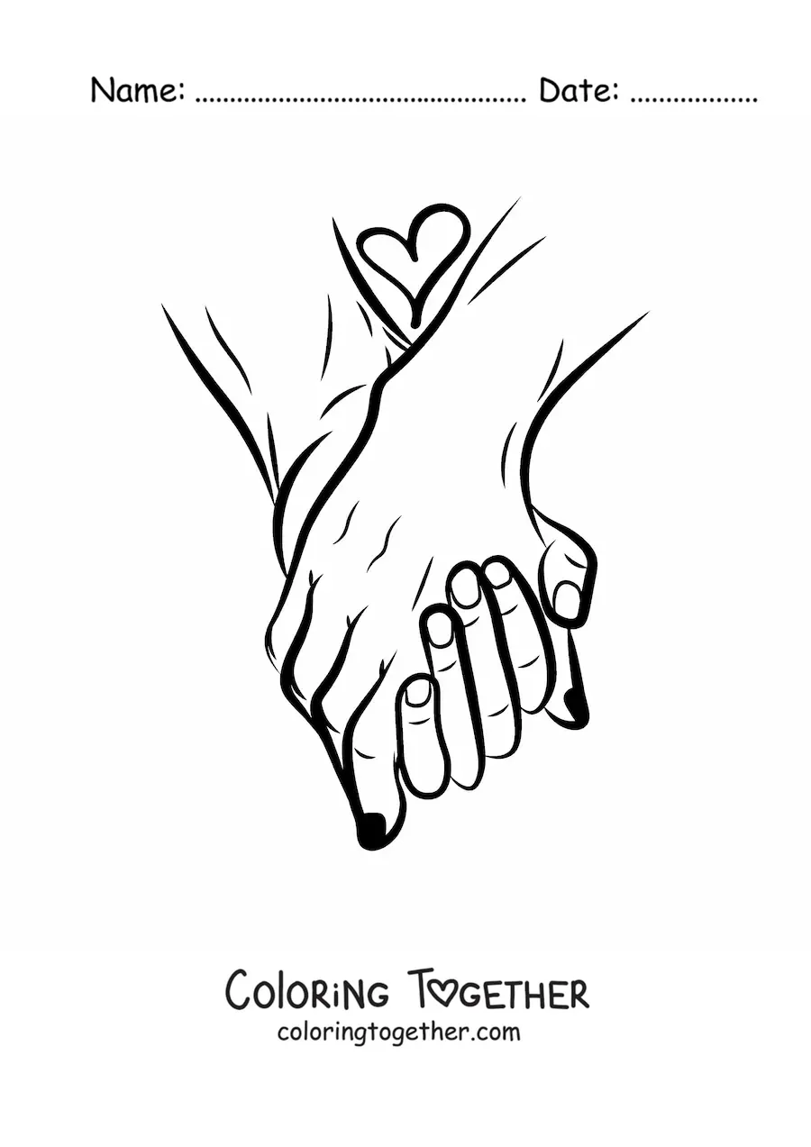 Coloring page of a couple's hands intertwined with a heart