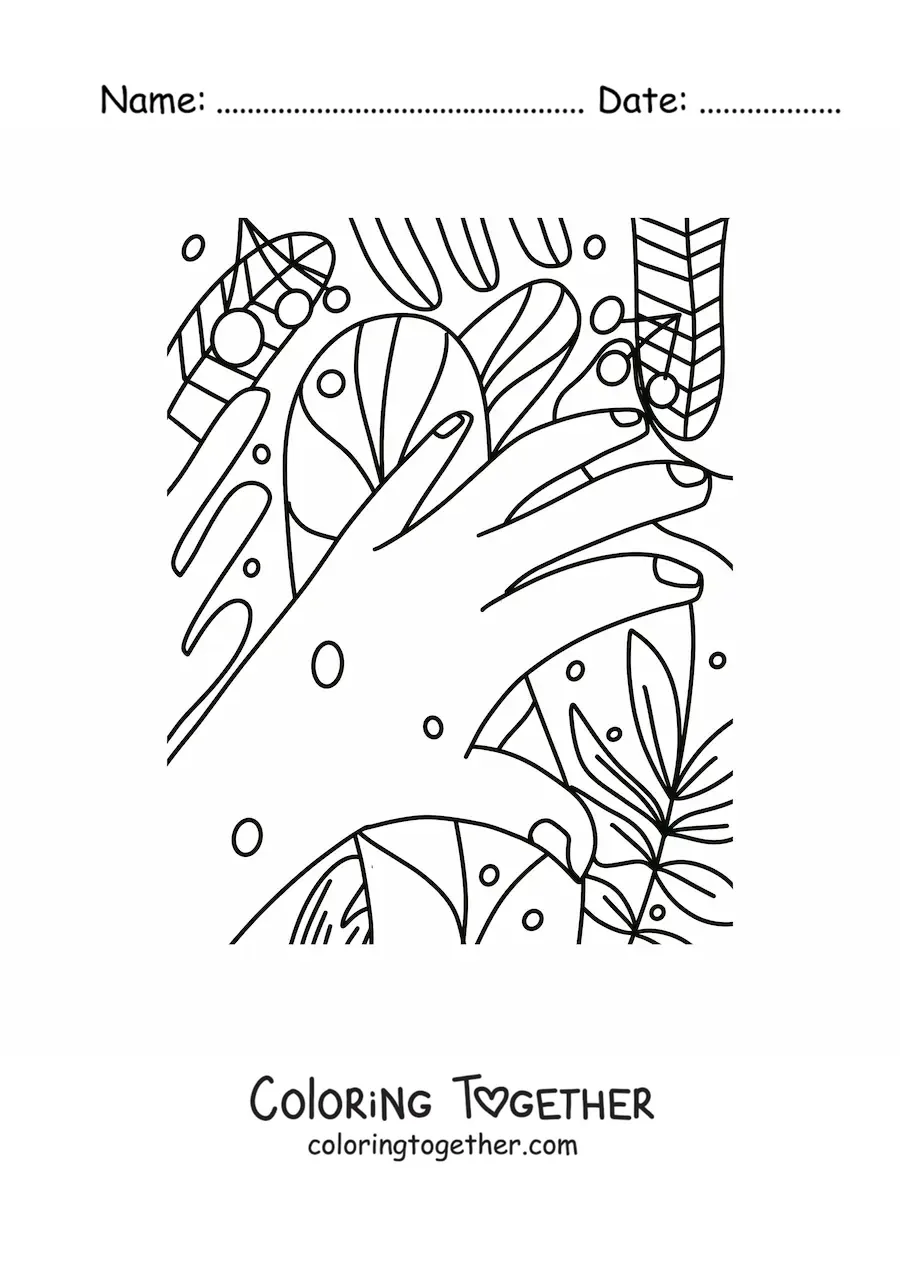 Coloring page of a pretty hand with plants in the background