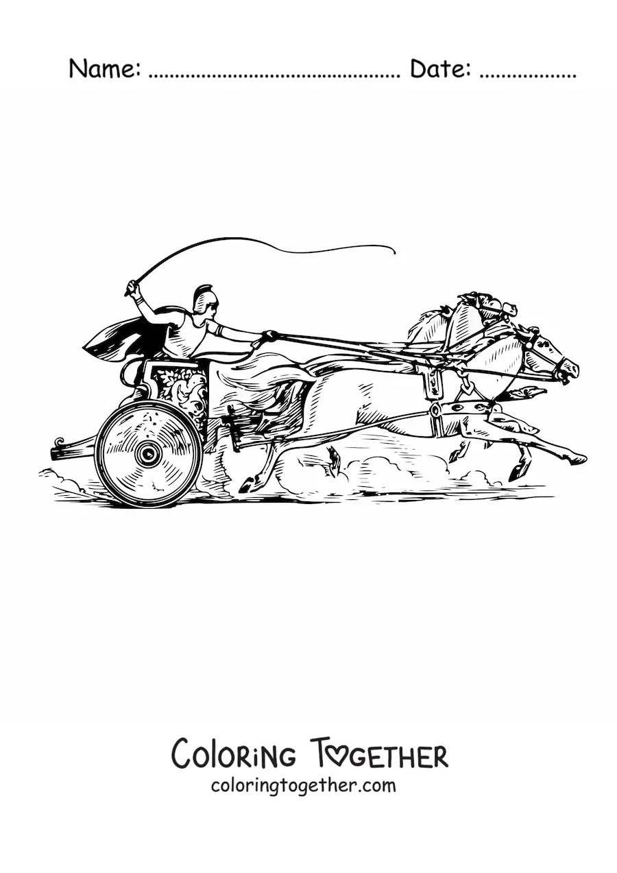 Coloring page of a Roman charioteer racing at full speed pulled by two horses