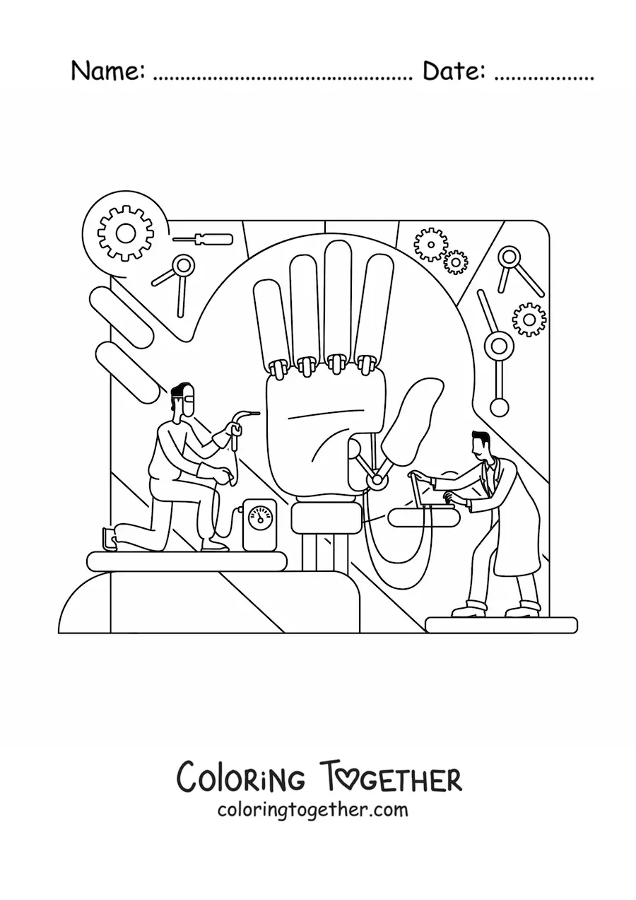Coloring page of engineers building a giant bionic hand