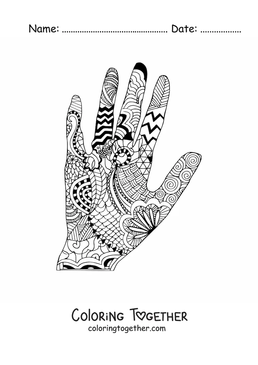 Coloring page of a hand with a mandala pattern