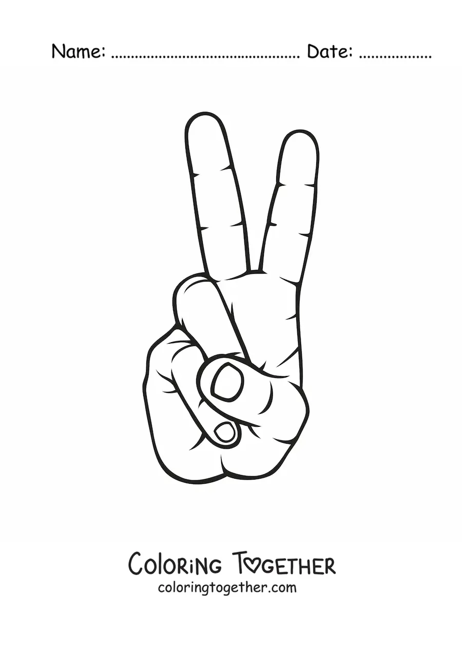 Coloring page of a hand making the peace sign