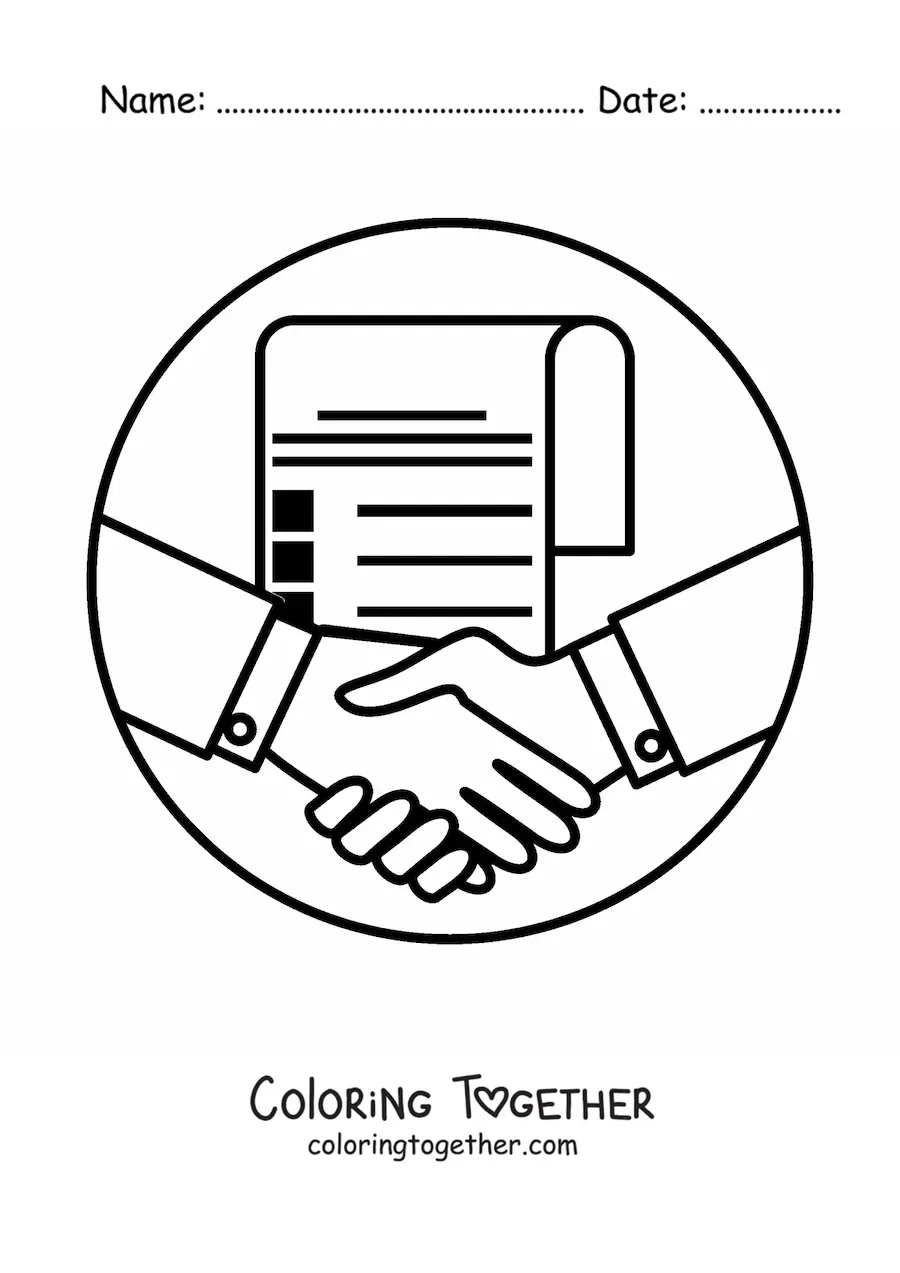 Coloring page of a handshake sealing a deal with a contract in the background