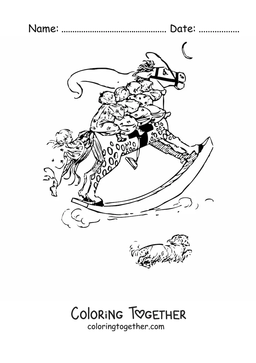 Coloring page of five little children on a big horse-shaped seesaw