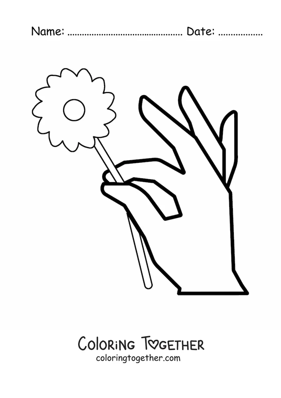 Coloring page of a hand holding a flower