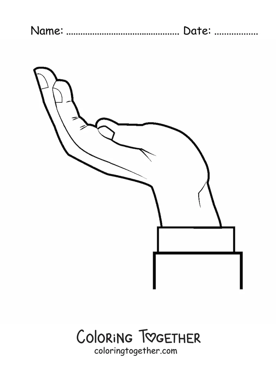 Coloring page of a hand with the palm up
