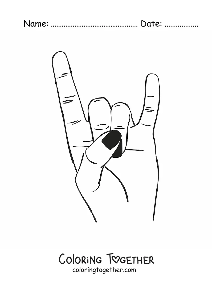Coloring page of a hand with black nails making the rock sign