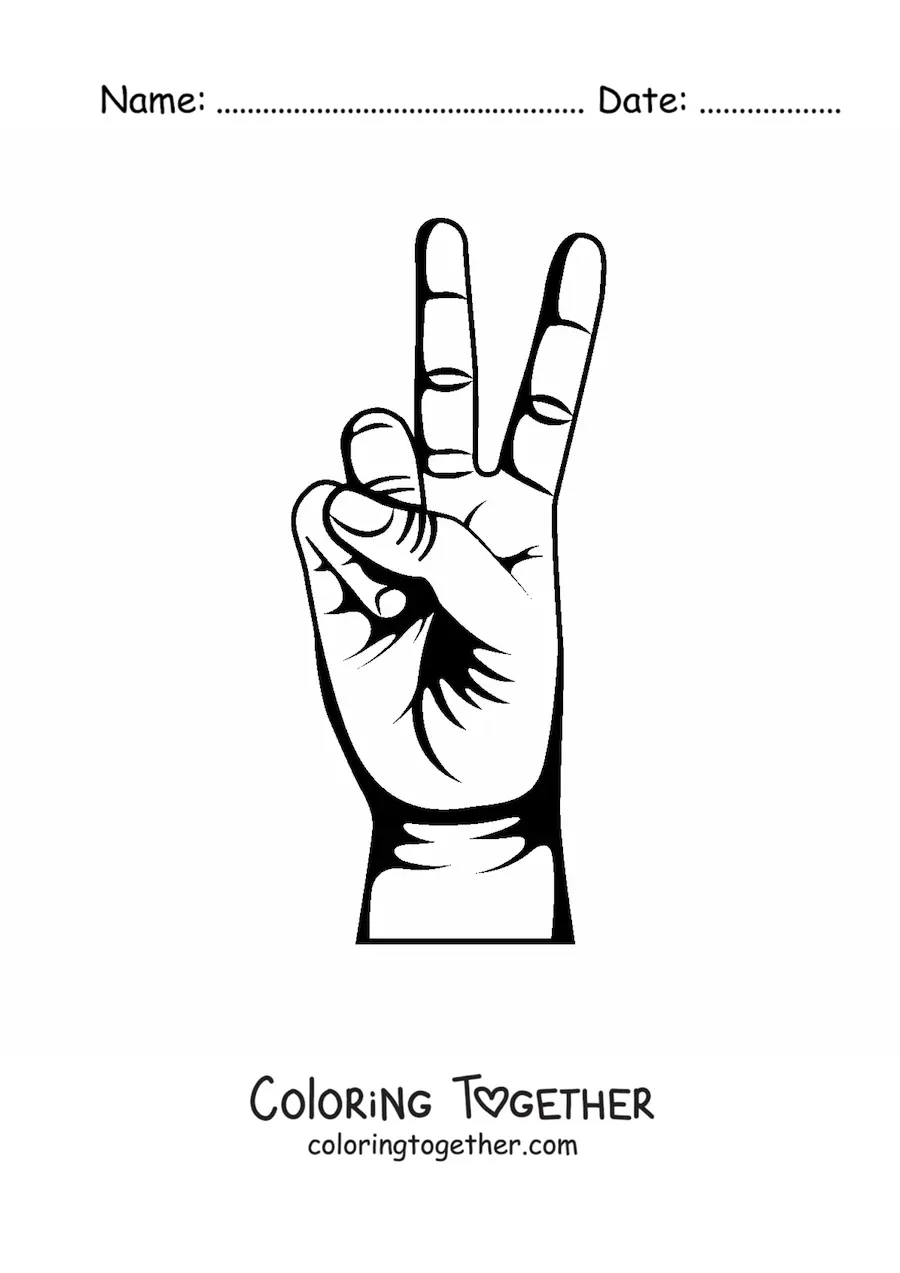 Coloring page of a hand making the number two gesture