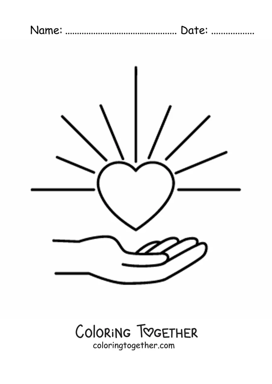 Coloring page of a hand holding a heart