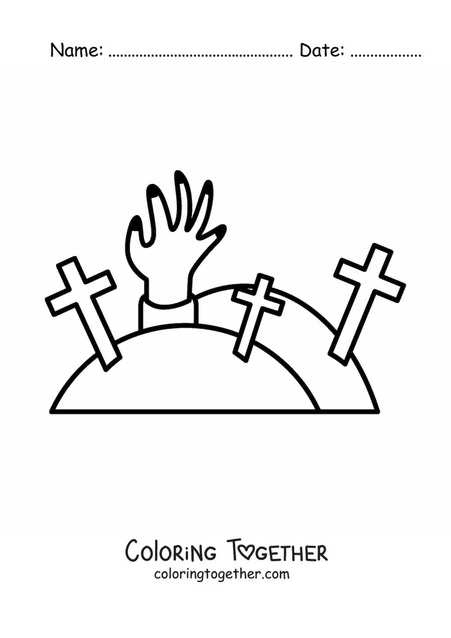 Halloween coloring page of a zombie hand in a cemetery