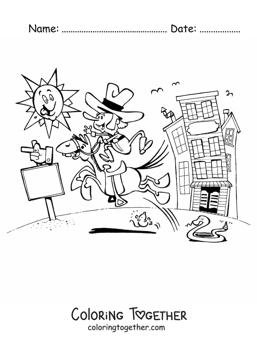Coloring page of a cartoon cowboy riding on a sunny day