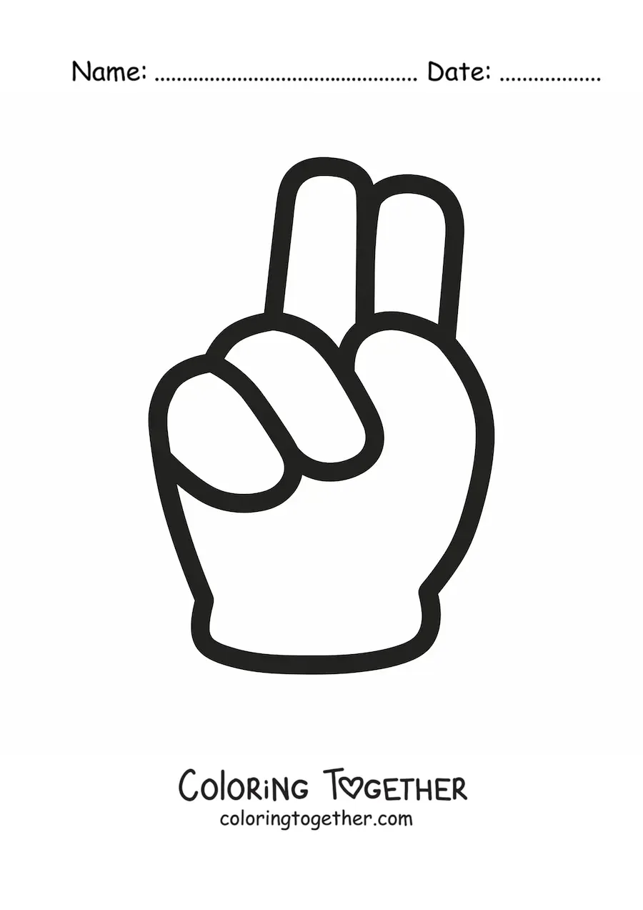 Coloring page of a simple hand making the number two sign