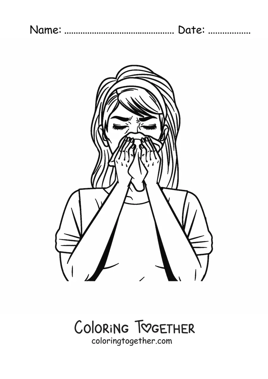 Coloring page of a girl sneezing or blowing her nose