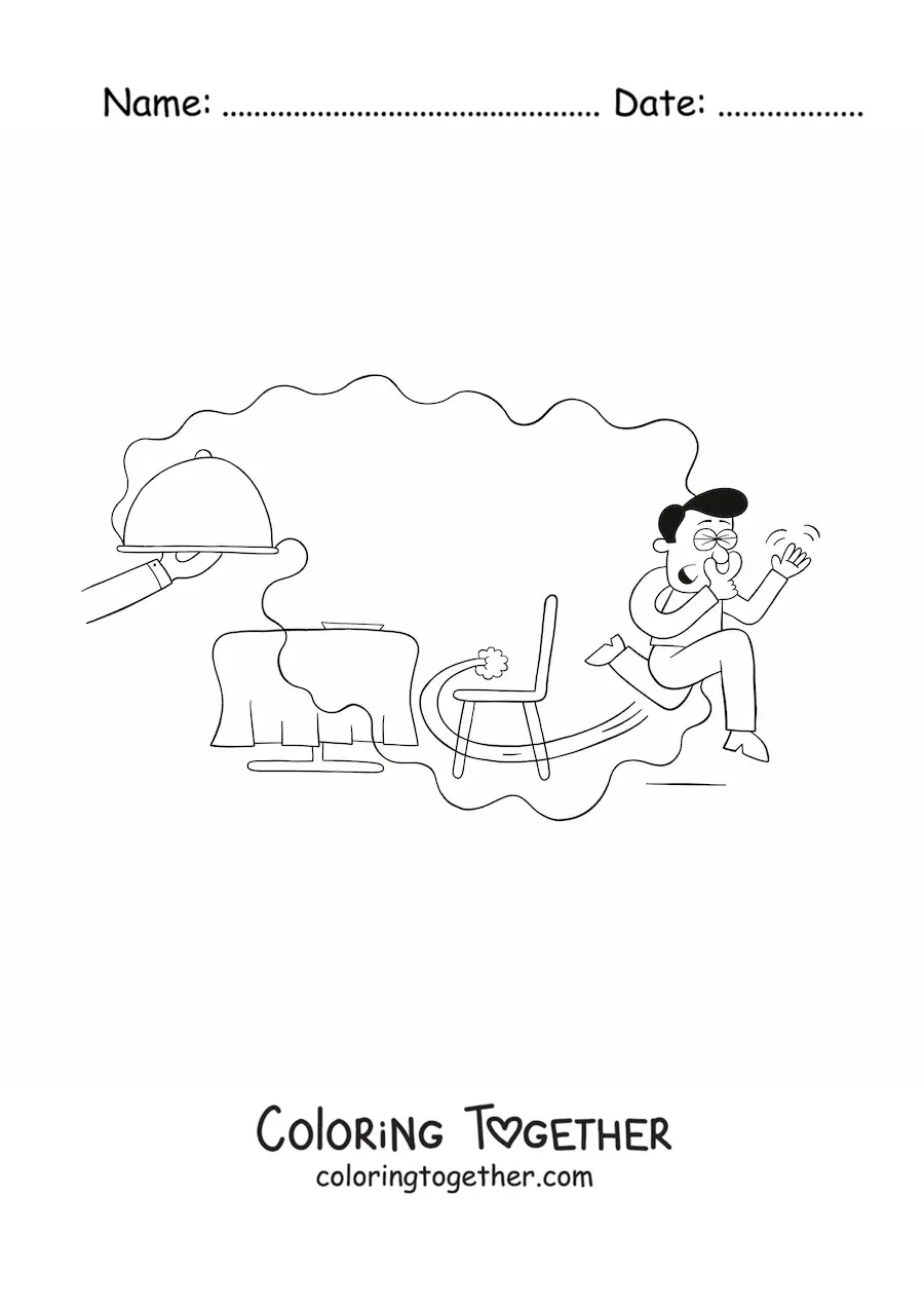 Coloring page of a man fleeing the restaurant because of the unpleasant smell of his dish