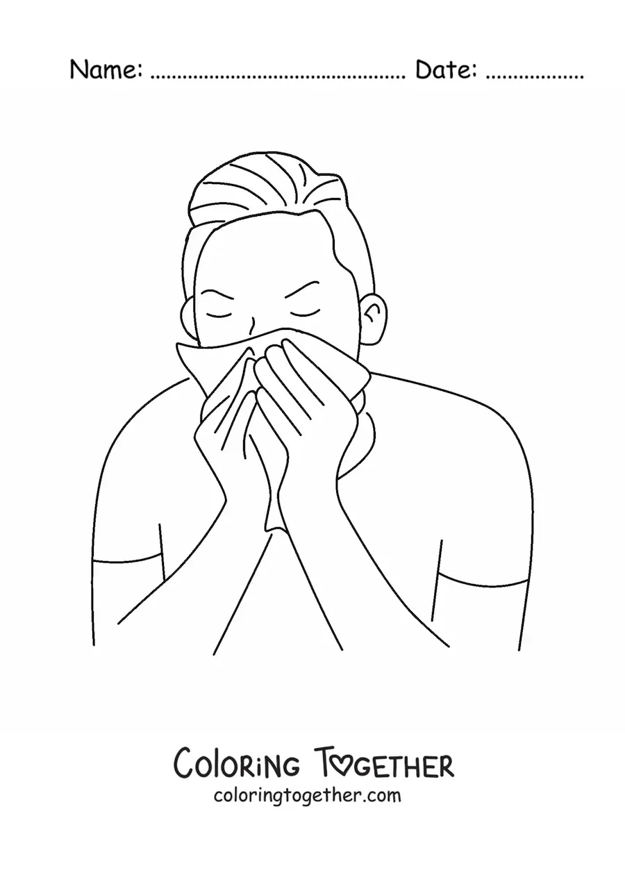 Coloring page of a man covering his nose with a tissue while sneezing
