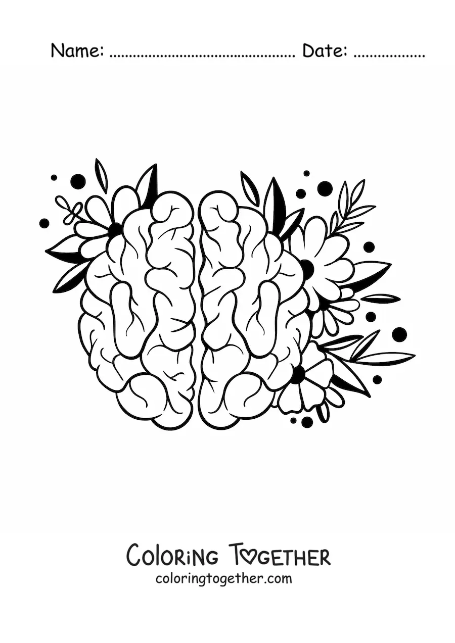 Coloring page of a cute brain with flowers