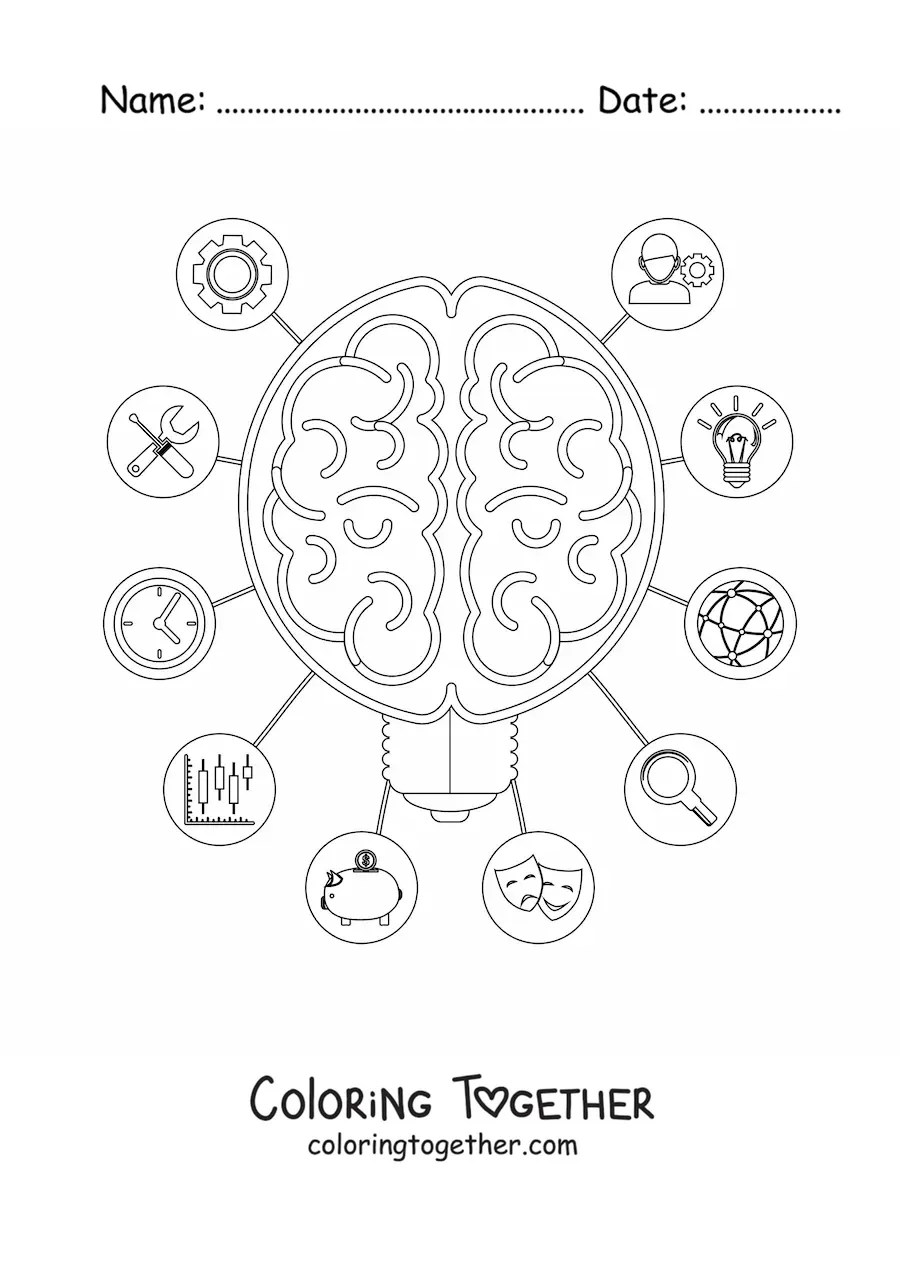 Coloring page of a brain surrounded by symbols representing thought, emotions, and intelligence