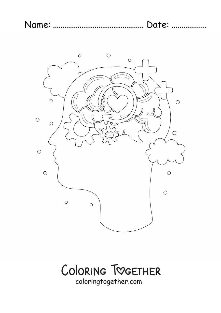 Coloring page of a human head with a brain surrounded by symbols of thought, emotions, and intelligence