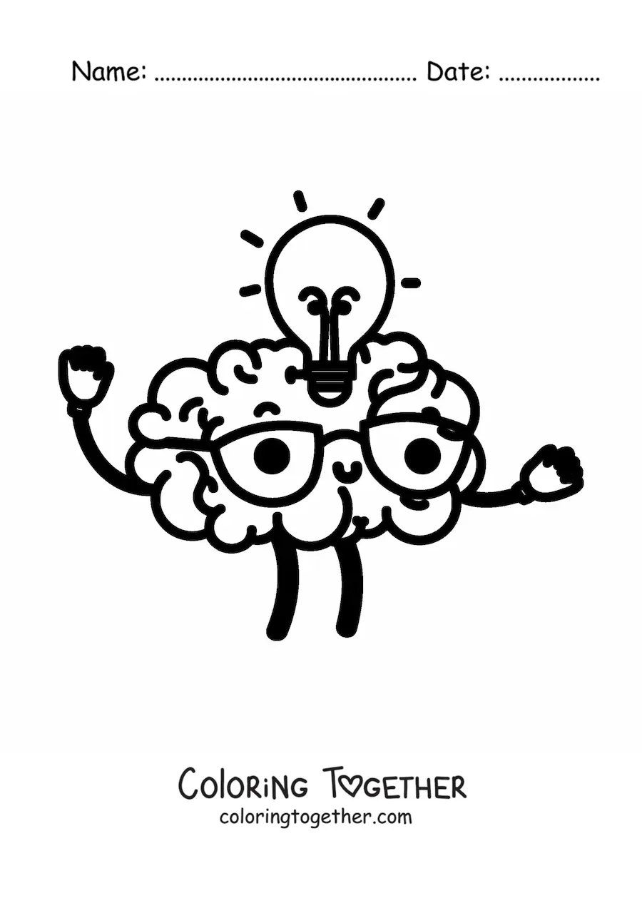 Coloring page of a cute kawaii brain having an idea, with glasses and a light bulb
