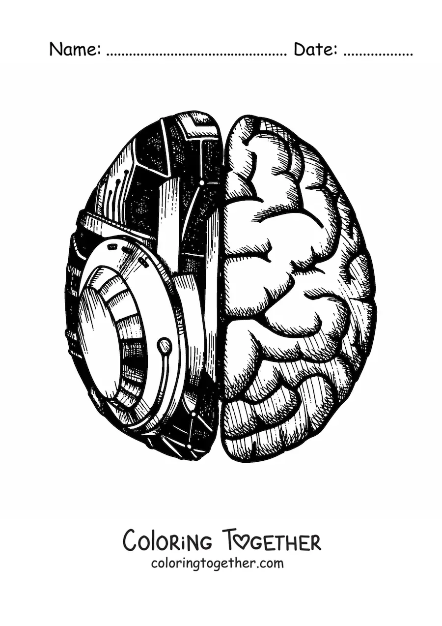 Coloring page of a brain with robotic parts seen from above