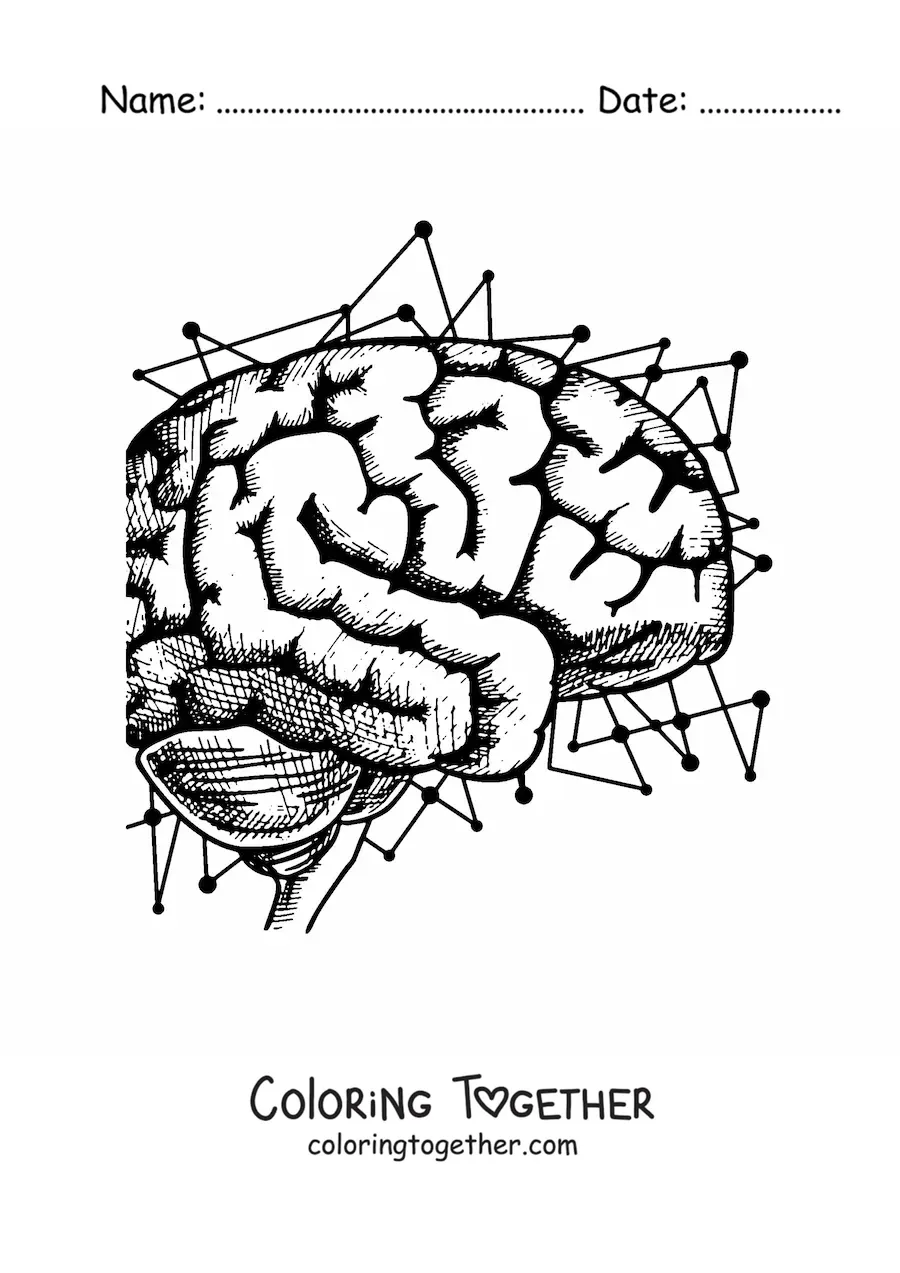 Coloring page of a brain in profile surrounded by circuits