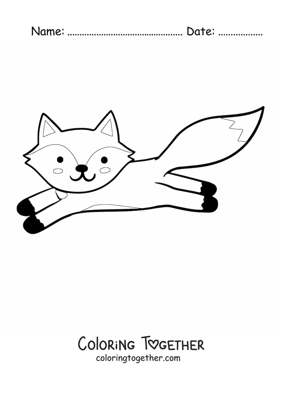 Coloring page of a smiling kawaii fox jumping