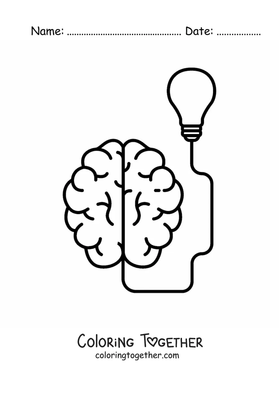 Coloring page of a brain having an idea, connected to a light bulb