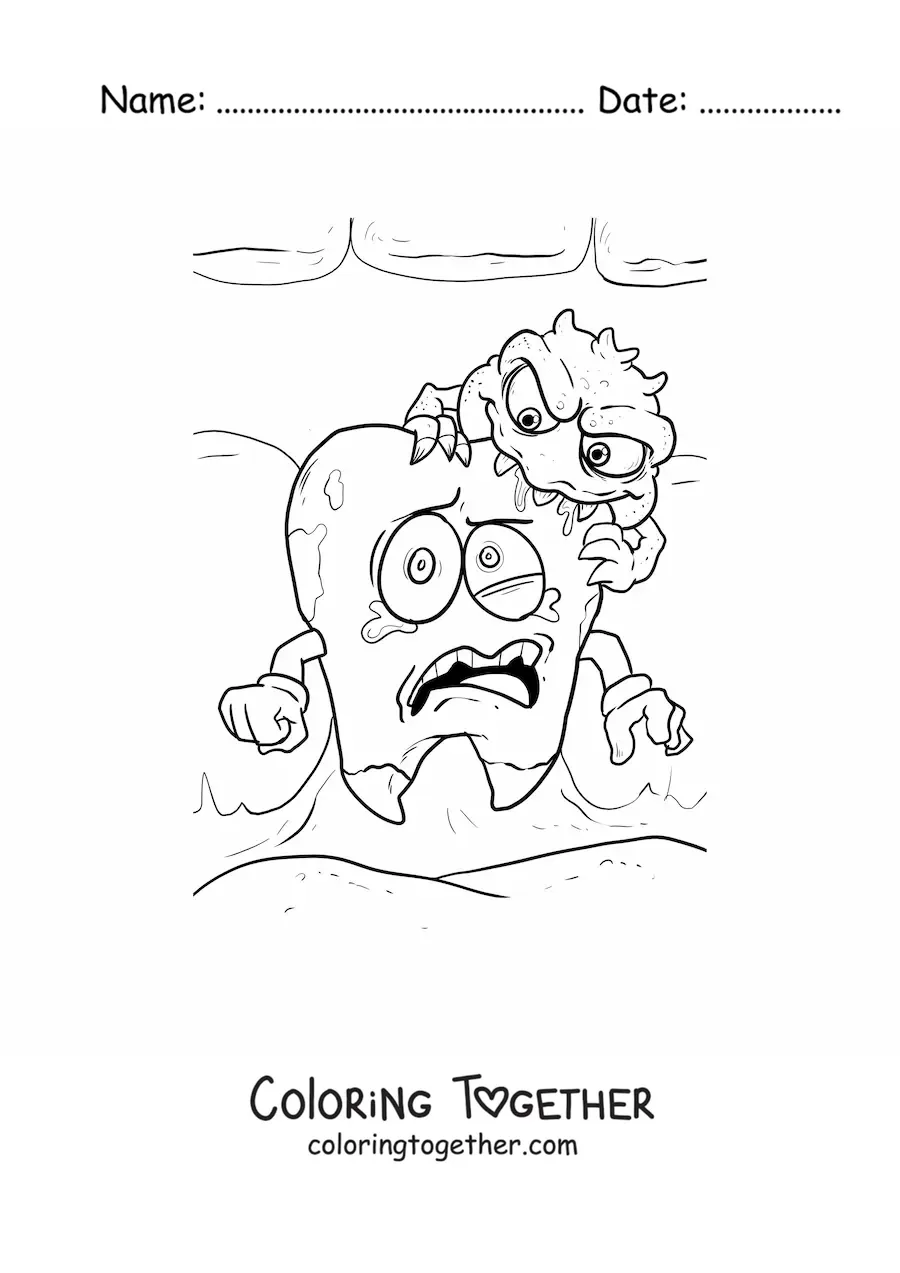Coloring page of a cartoon tooth scared because it has a cavity