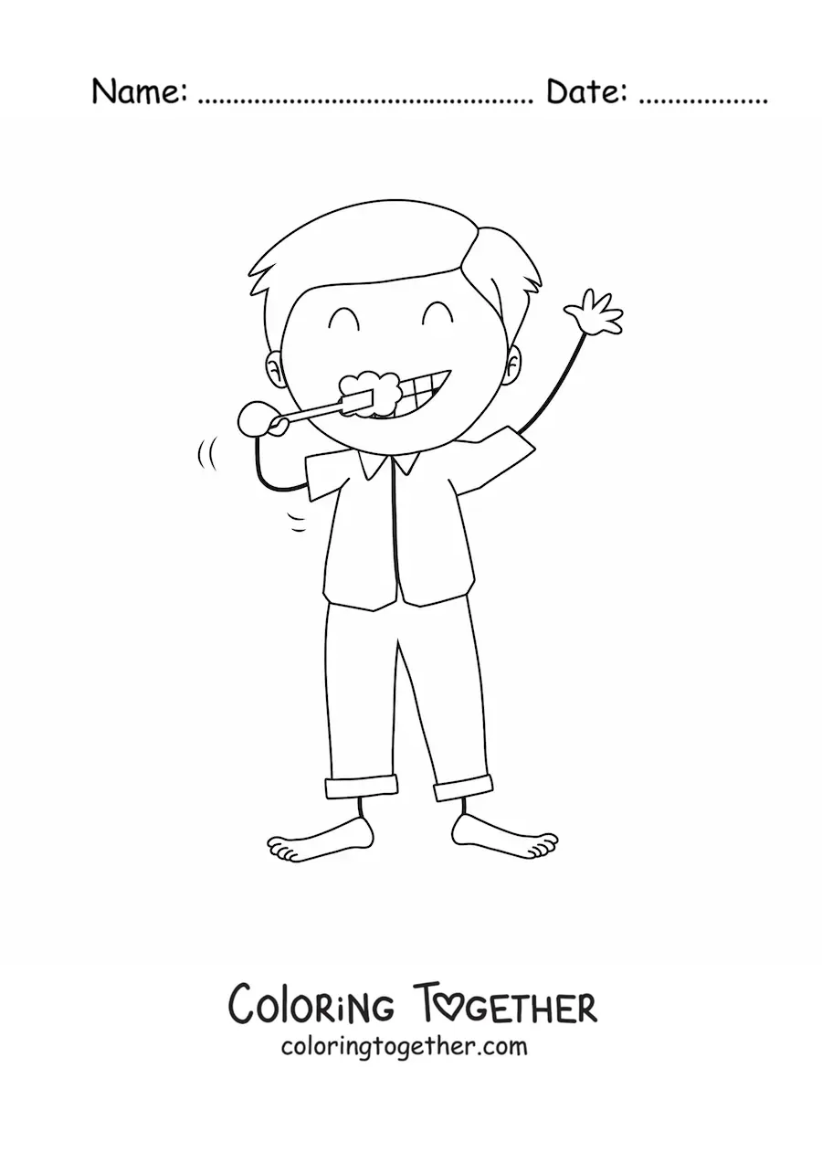 Coloring page of a child brushing their teeth