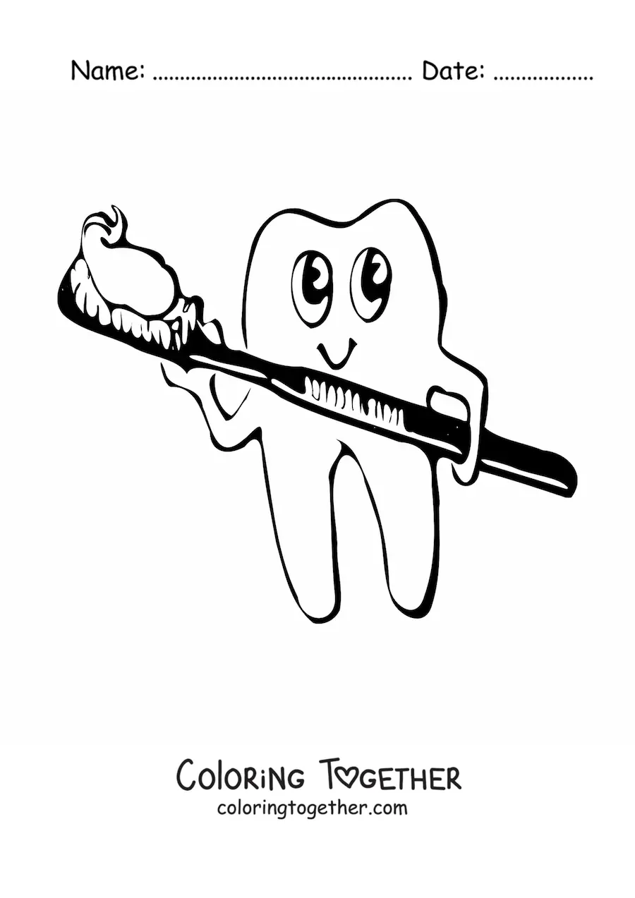 Coloring page of a smiling cartoon tooth holding a toothbrush with toothpaste