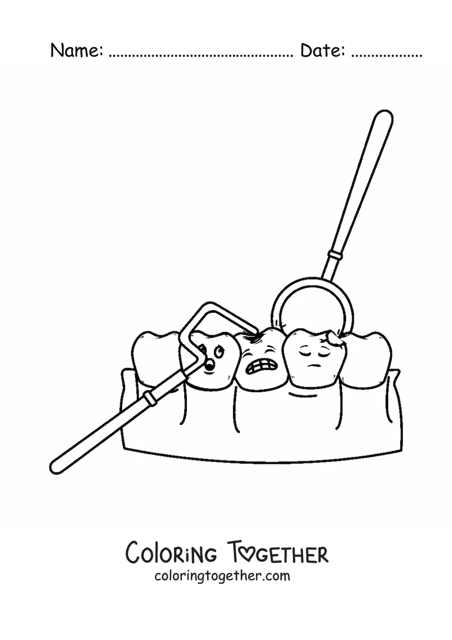 Coloring page of cartoon teeth with cavities along with dentistry instruments