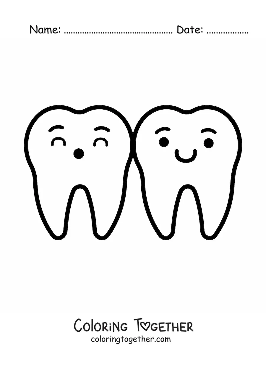 Coloring page of 2 kawaii teeth