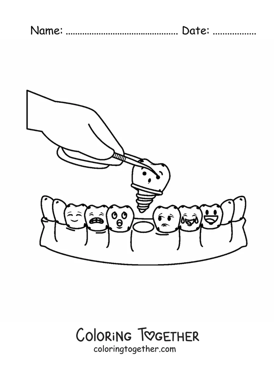 Coloring page of a cartoon tooth being extracted by the dentist