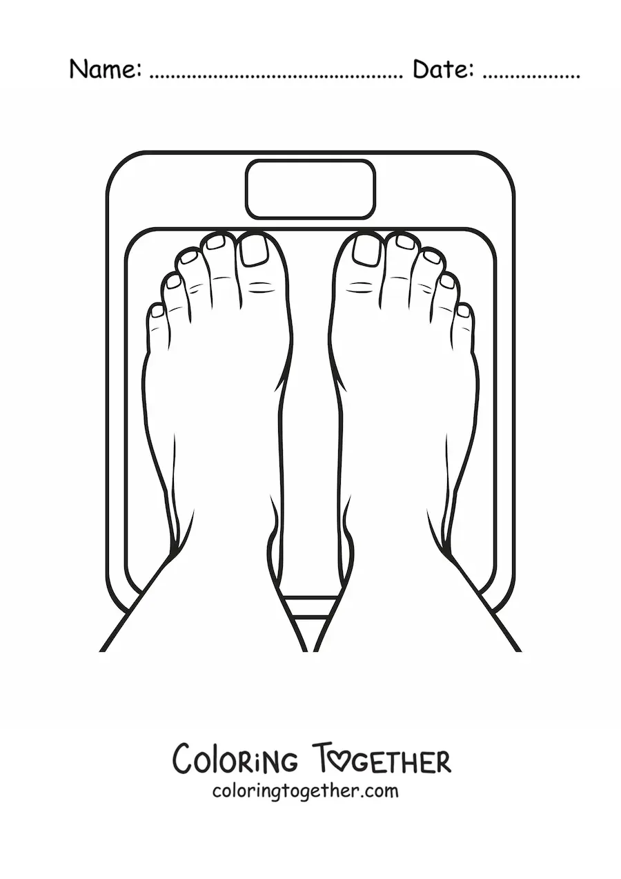 Coloring page of feet standing on a scale