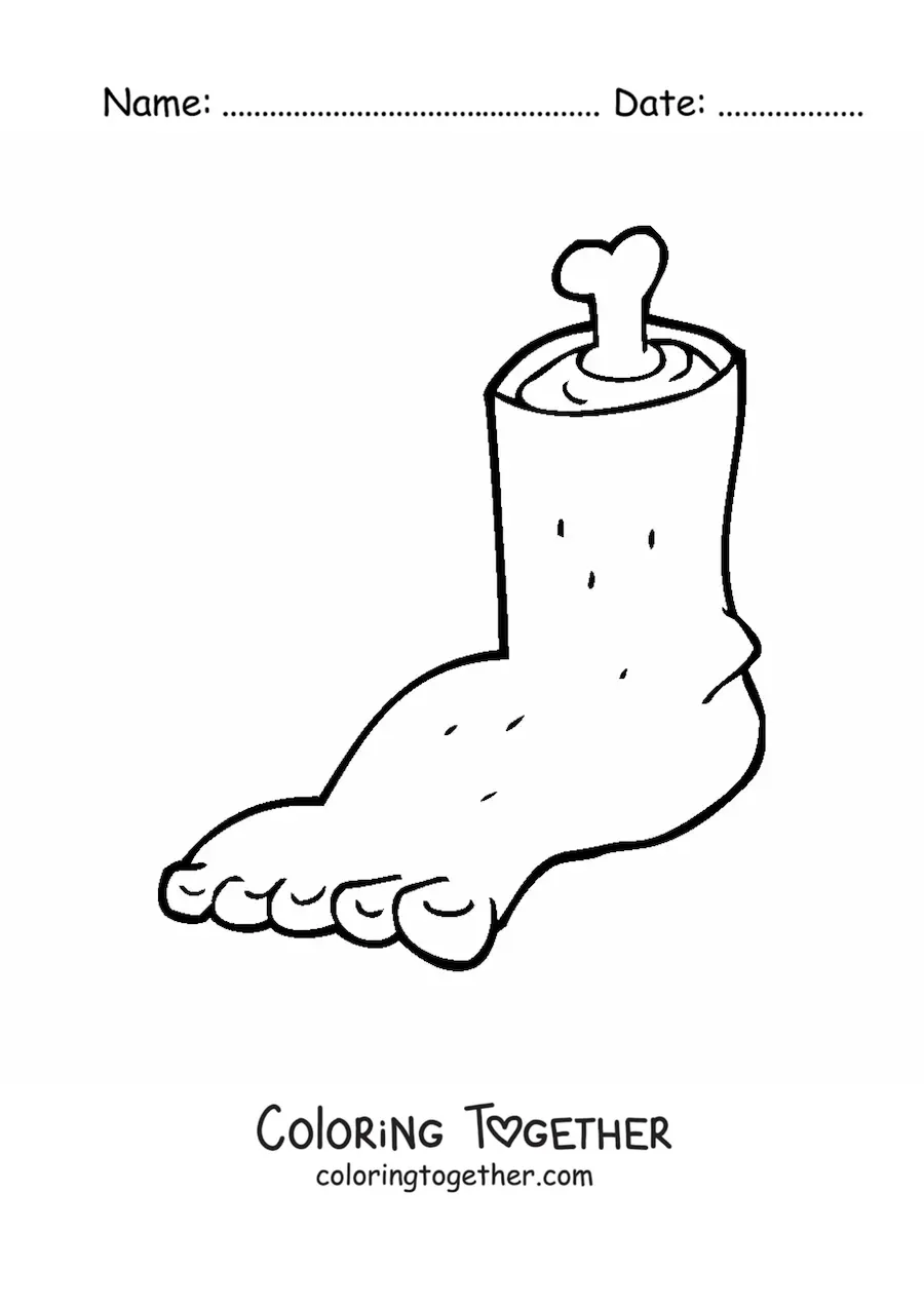 Coloring page of a cartoon amputated foot with a bone sticking out