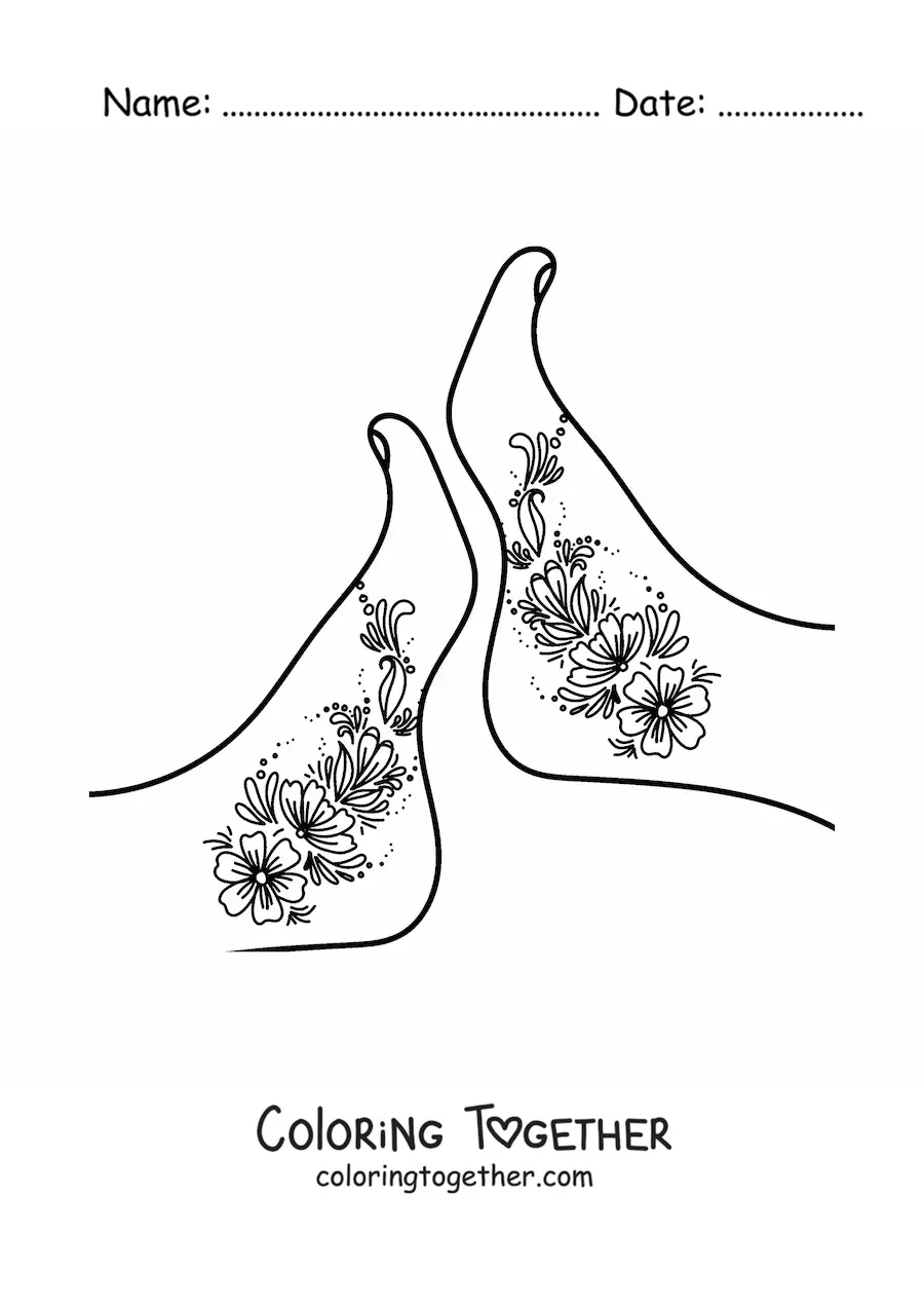 Coloring page of a pair of cute women's feet with flower tattoos