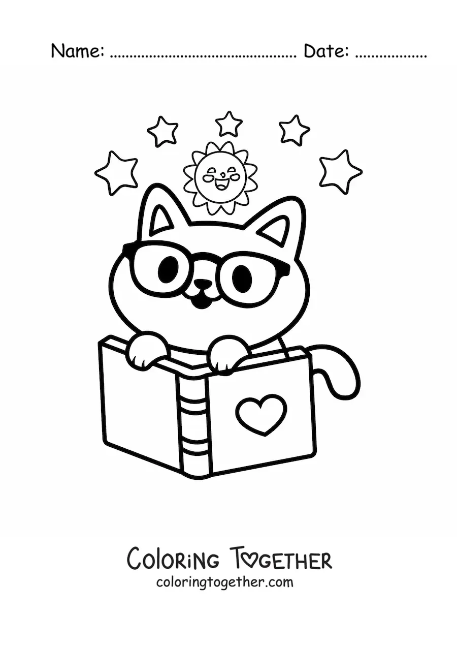 Coloring page of a kawaii cat with an open book