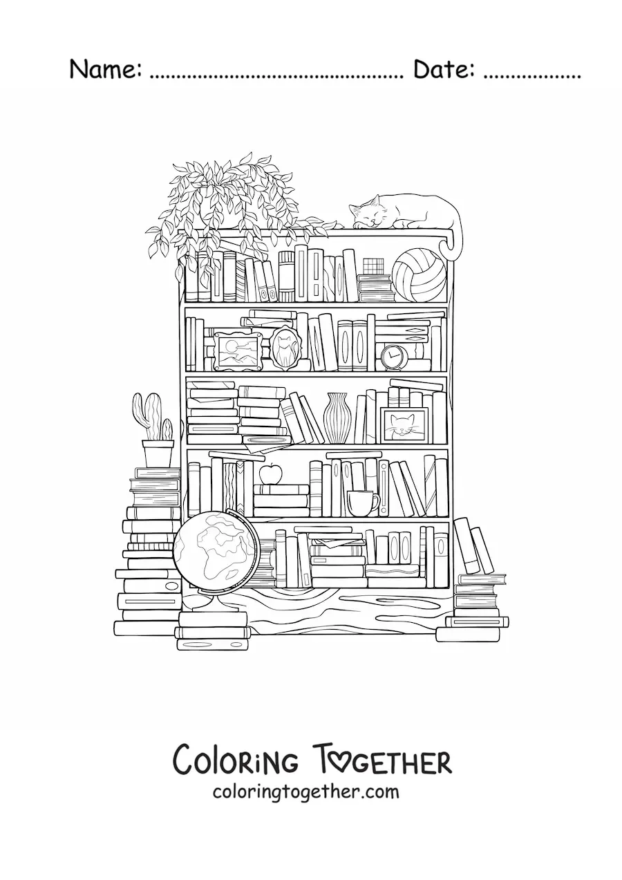 Coloring page of several books arranged in a library