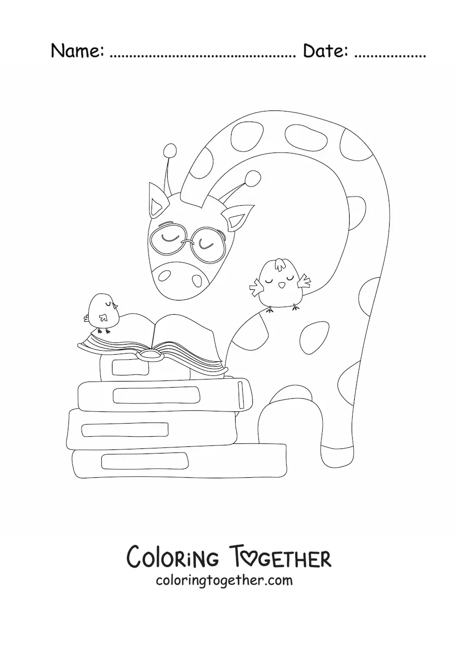 Coloring page of a cartoon giraffe reading a book next to some birds