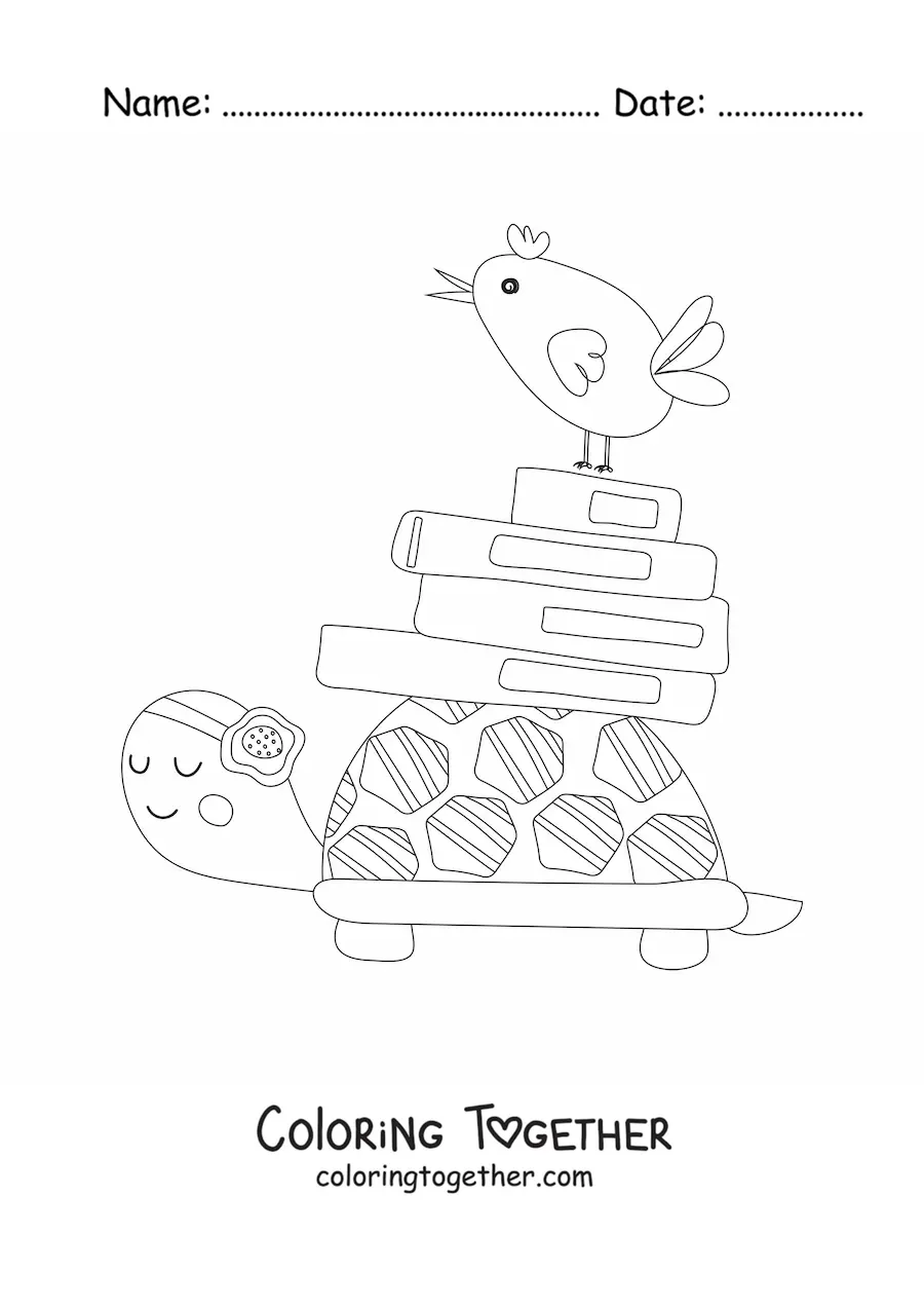 Coloring page of a cartoon turtle carrying a stack of books on its shell