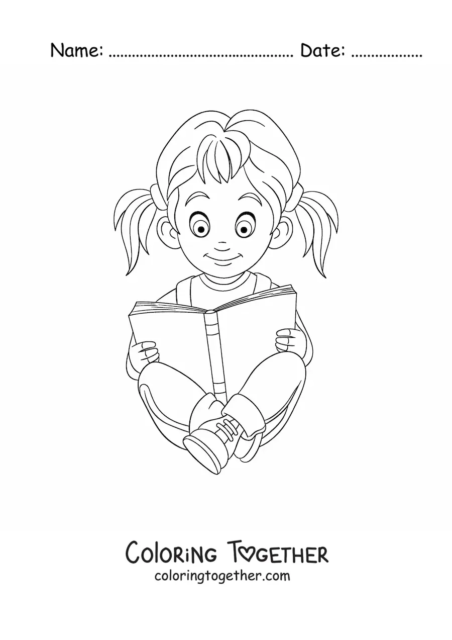 Coloring page of a girl sitting and reading a book