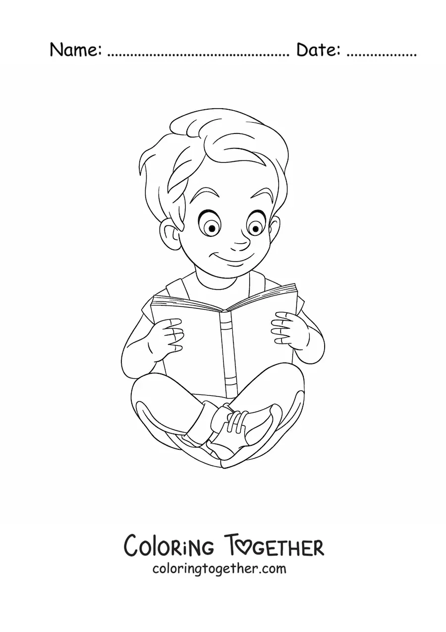 Coloring page of a boy sitting and reading a book